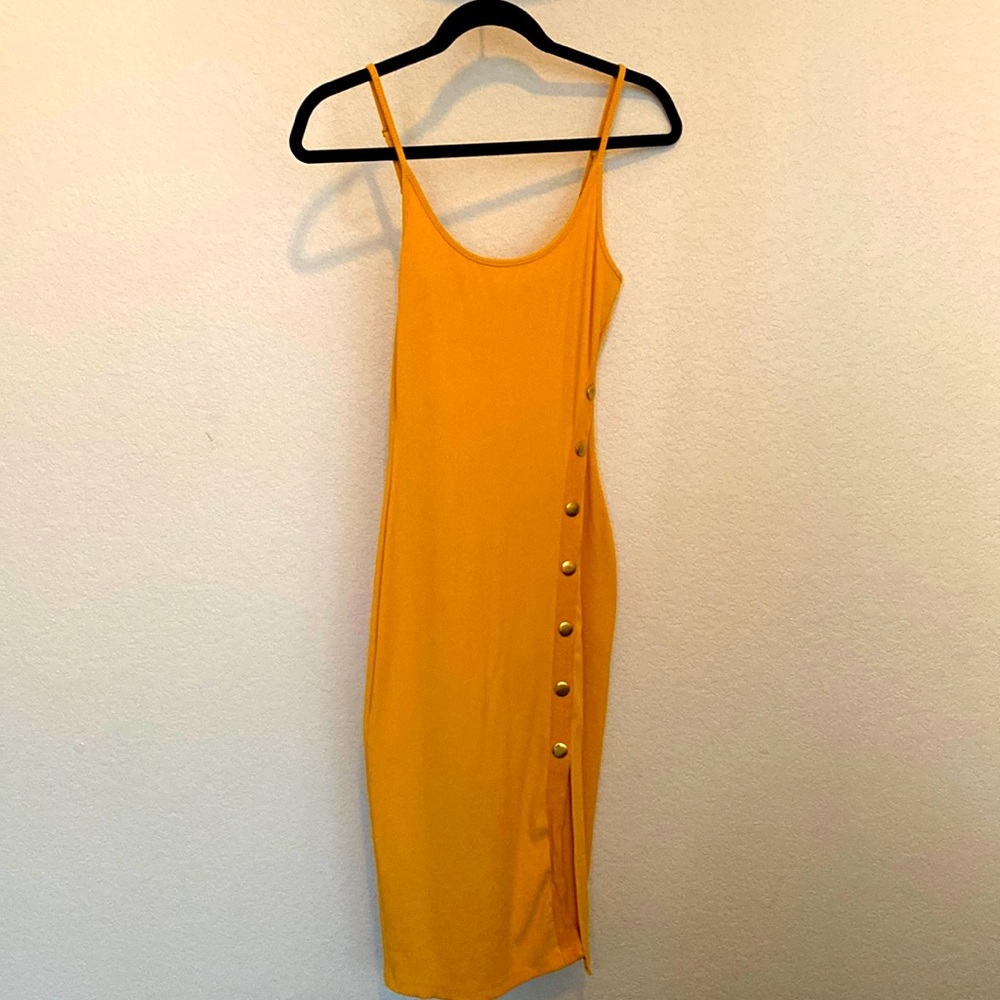 Guess ribbed mustard yellow tank midi dress with gold hardware